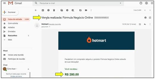 aviso venda hotmart por email
